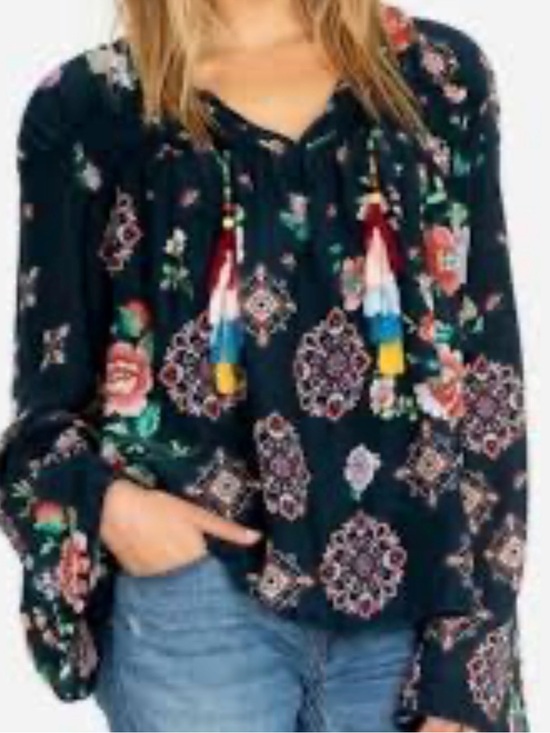 Johnny Was Tops - Johnny Was Navy Floral Medallion Peasant Blouse with Tassels